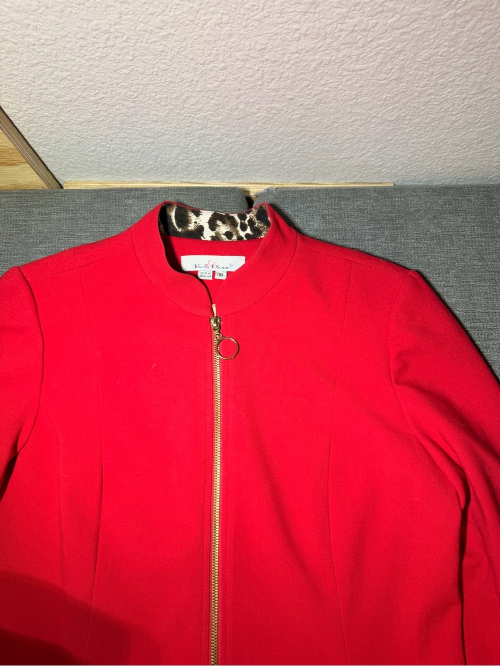 Bright Red Zip-Front Pea Coat with Leopard-Print Trim